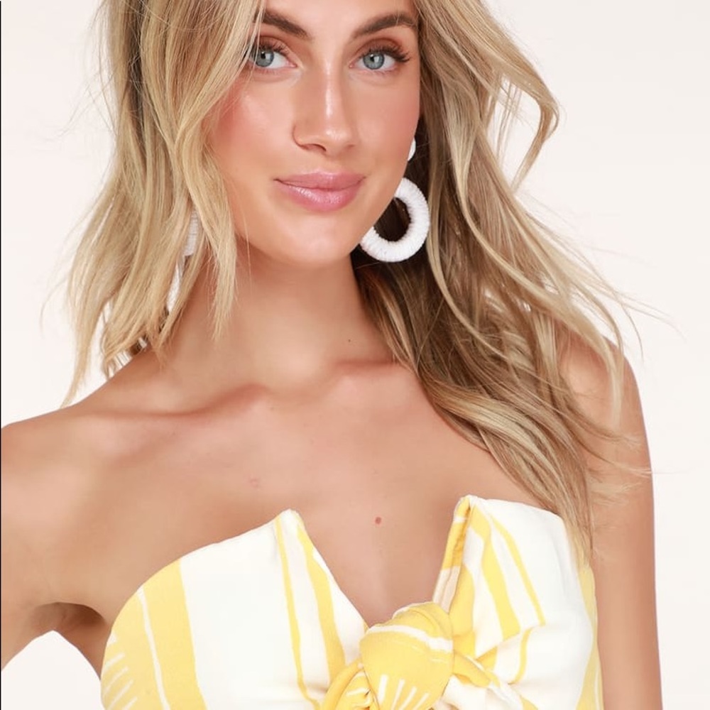 Yellow + White Striped Tie-Front Strapless Romper - Picture 3 of 5